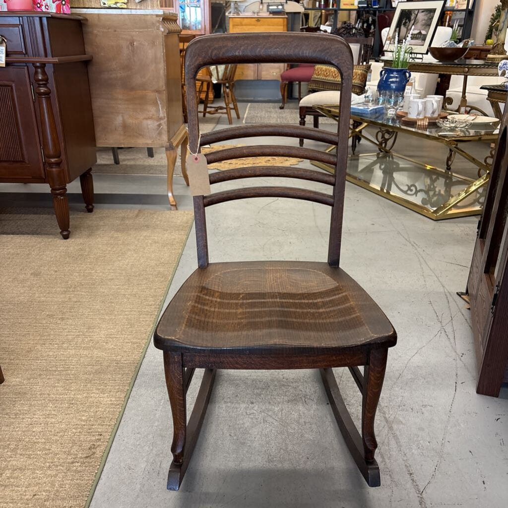 Antique Quarter-Sawn Oak Curved Four Slat Ladder Back Rocking Chair