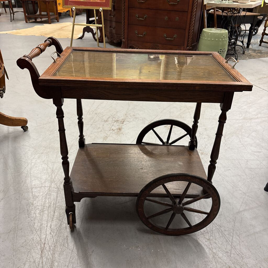 Antique Solid Oak Early 20th Century Tea Cart on Wheels