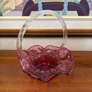 Vintage Cranberry Glass Scalloped Bowl w Handle