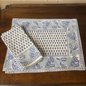Blue & White Jaipur Paisley Hand Blocked 4 Placemats & 4 Fabric Napkins