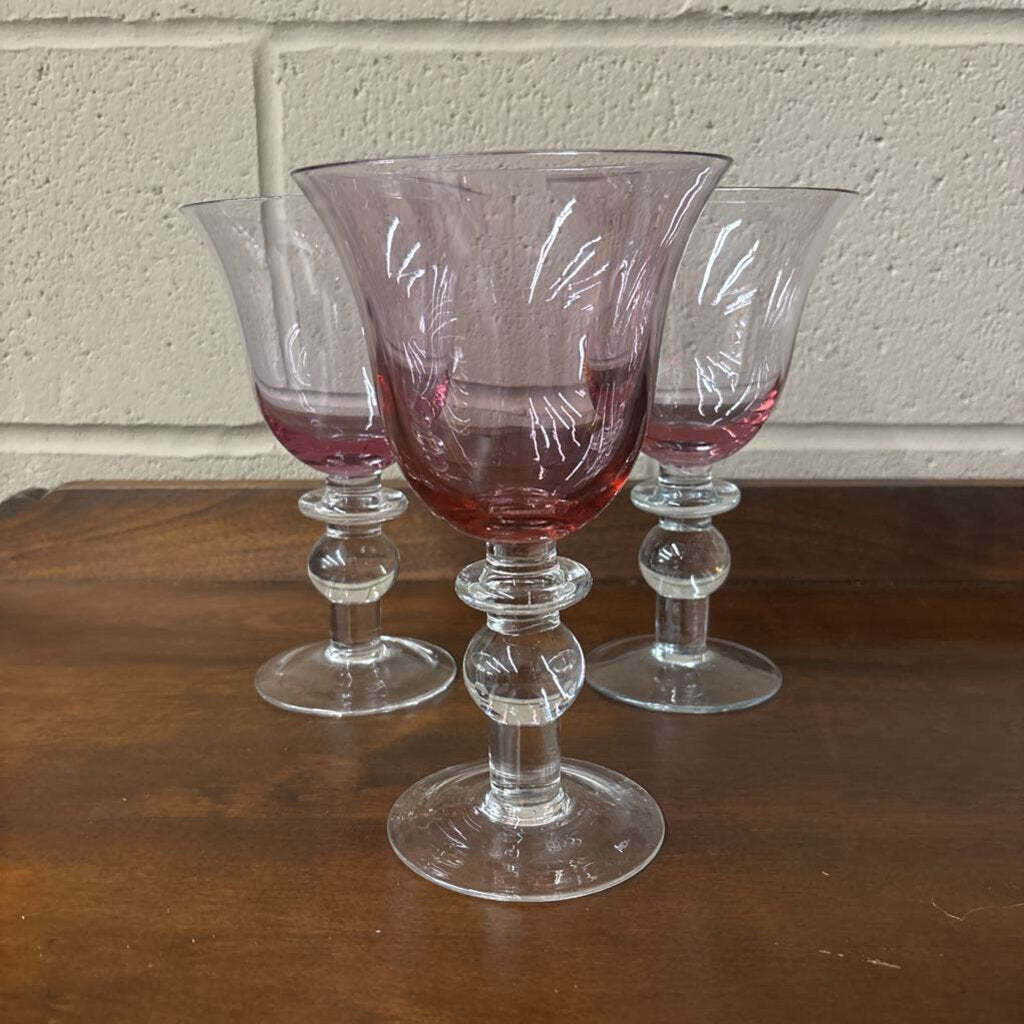 SET of 3 Anthony Stern Hand Blown Pink Wine Glass w Clear Glass Stem