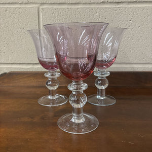 SET of 3 Anthony Stern Hand Blown Pink Wine Glass w Clear Glass Stem
