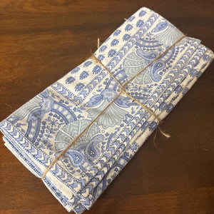 Set of 4 Blue & White Jaipur Paisley Hand Blocked Fabric Napkin Set