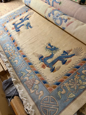 Hand-Knotted 1970's Vintage Wool Chinese Art Deco Blue Border Dragon Rug-Professionally Cleaned
