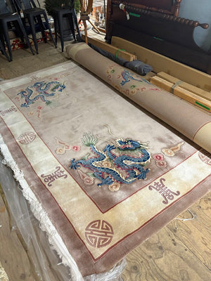 Hand-Knotted 1970's Vintage Wool Chinese Art Deco Pale Rose Dragon Rug-Professionally Cleaned