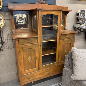 Antique Oak Buffet & Hutch w Centre Display Cabinet w Glass Door & Mirrors