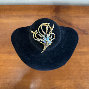 Brooch - Gold Tone Floral Vines w Blue & Opal Rhinestones