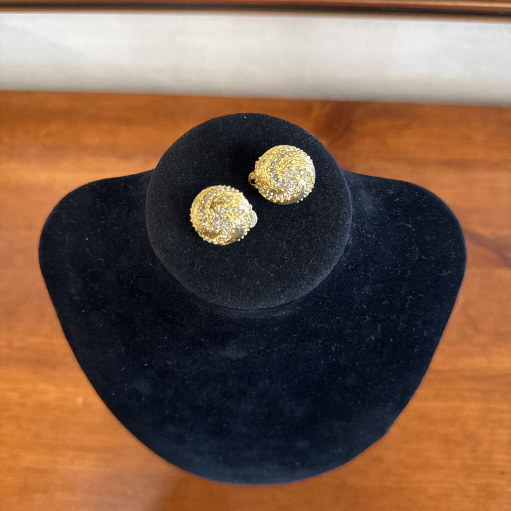 Clip On Earrings - Gold Look w Swirl & Rhinestones