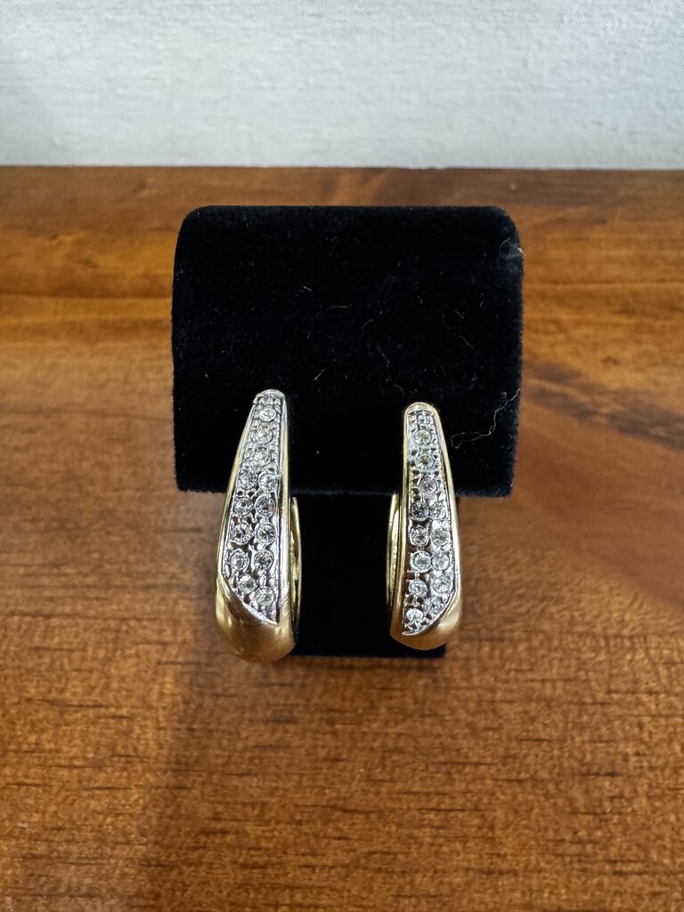Pierced Gold Tone Hoop Earrings w Rhinestones