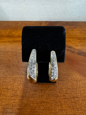 Pierced Gold Tone Hoop Earrings w Rhinestones