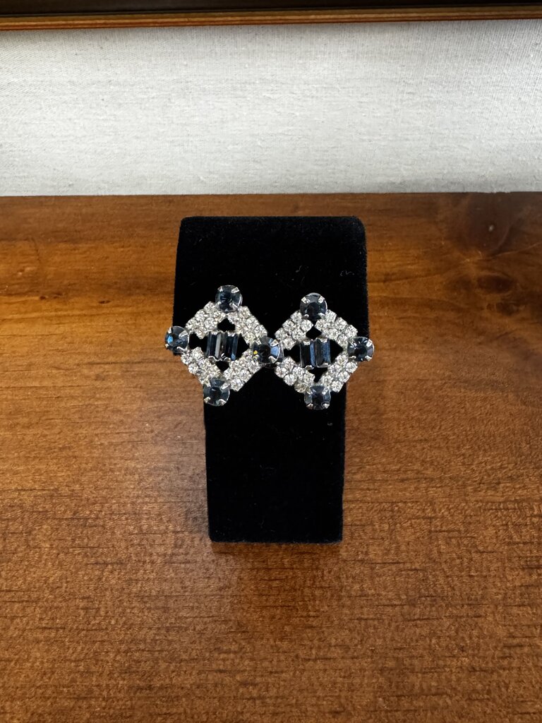 Pierced Square Earrings w Sapphire Tone Gems & Rhinestones