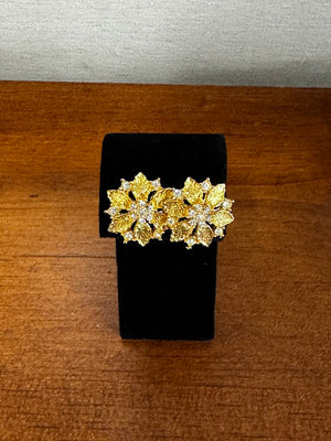 Pierced Gold Tone Flower Earrings w Rhinestones