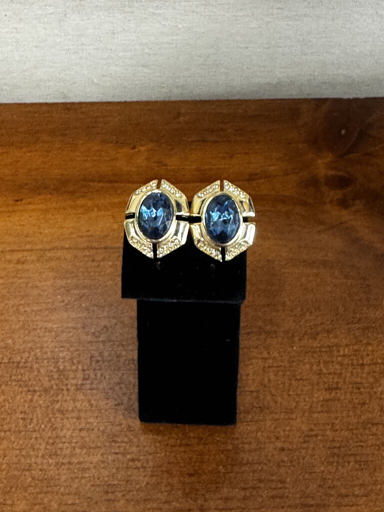 Pierced Gold Tone Earrings w Oval Blue Stone