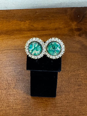 Pierced Earrings w Green/Blue Shimmer & Rhinestones