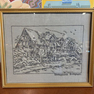 Vintage Grey Framed Handmade Embroidered Artwork of Shakespeares Birthplace