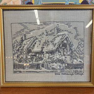 Vintage Grey Framed Handmade Embroidered Artwork of Anne Hathaway's Cottage