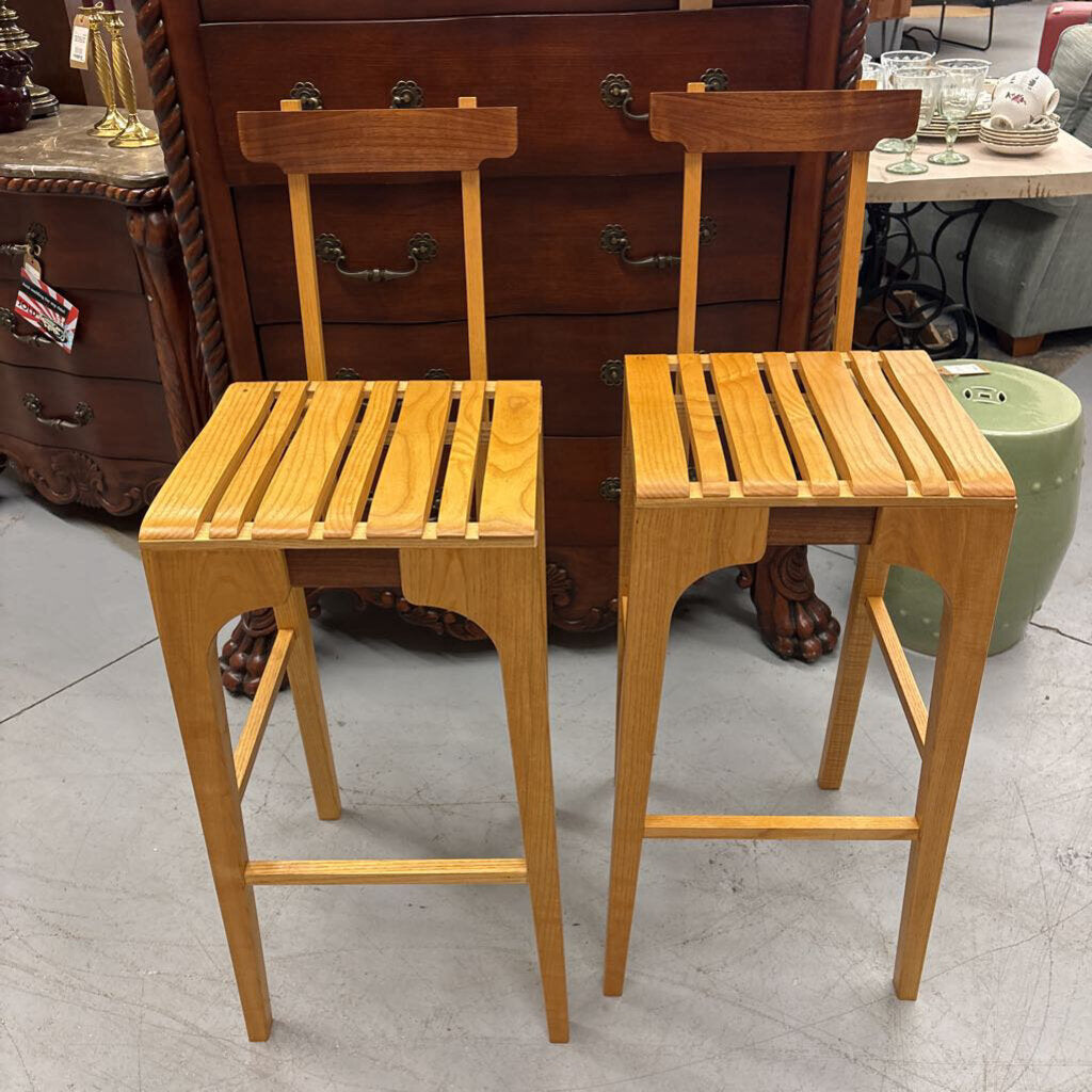 PAIR of Custom Made Ash w Walnut Solid Wood One-of-a-Kind Bar Stools