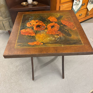 Antique 20th Century Folding Card Table w Poppy Lithograph Art-Conditon Noted