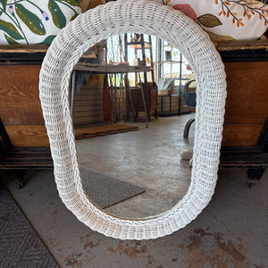 White Vintage Rattan Oval Mirror