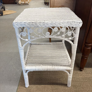 White Vintage Rattan Side Table with Decorative Vine Detail