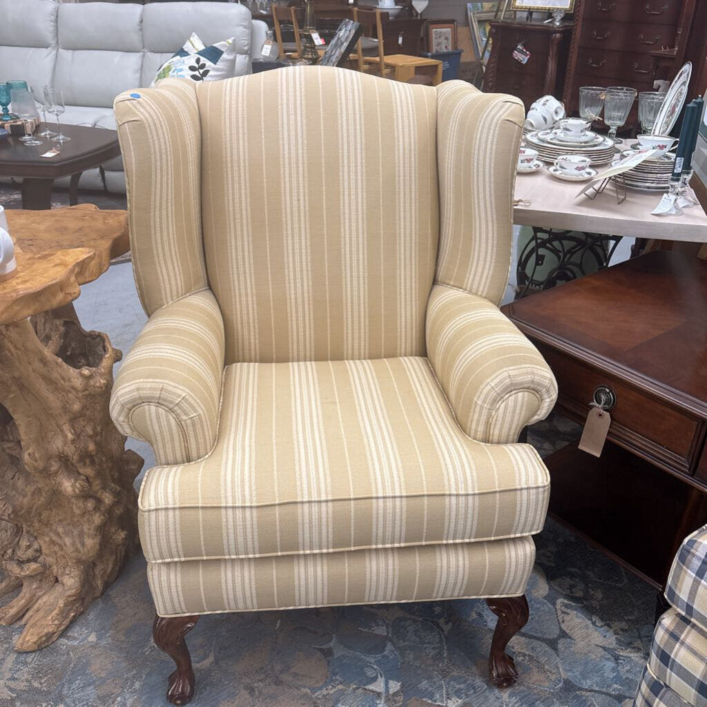 Tan Striped Fabric Wing Chair w Claw Feet