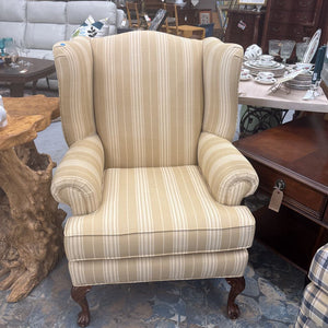 Tan Striped Fabric Wing Chair w Claw Feet