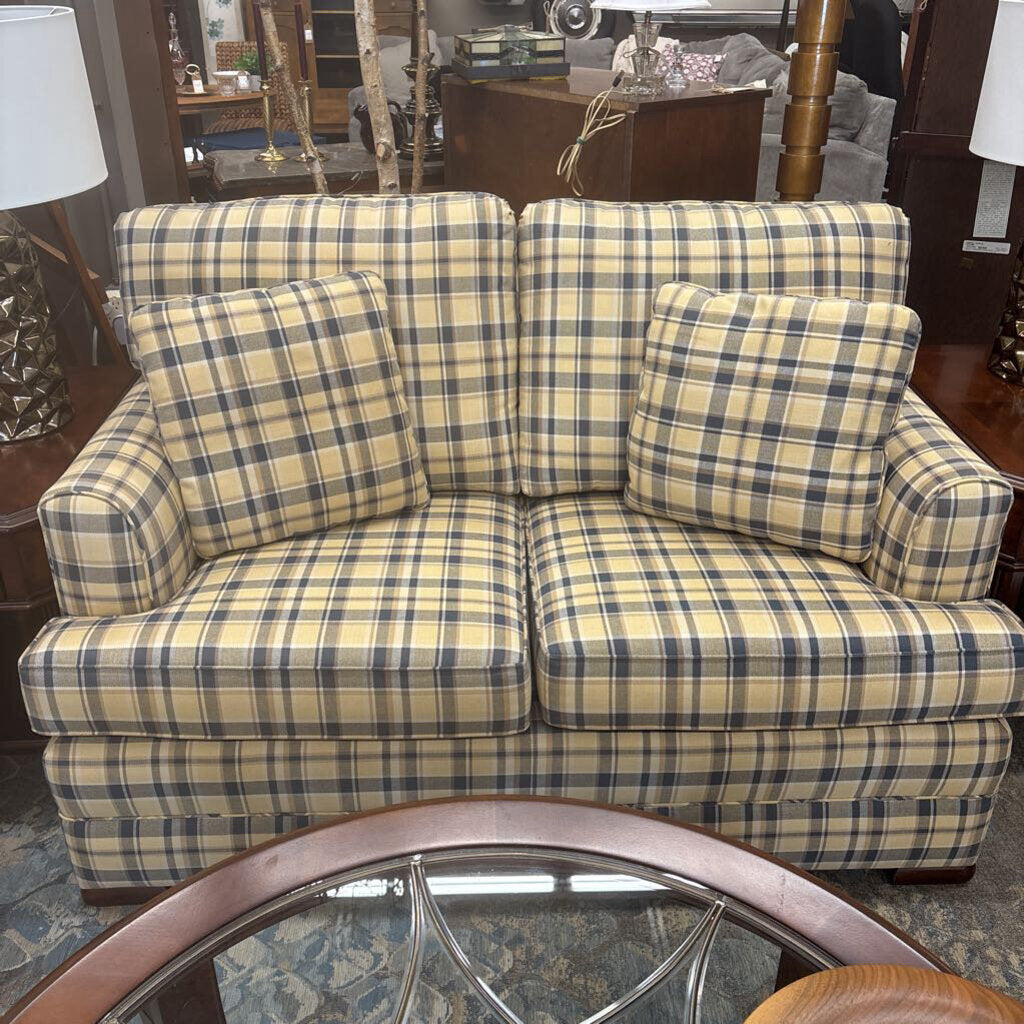Blue & Yellow Checkered 100% Cotton Fabric Love Seat - Joseph Brunetti Interiors