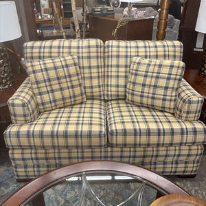 Blue & Yellow Checkered 100% Cotton Fabric Love Seat - Joseph Brunetti Interiors
