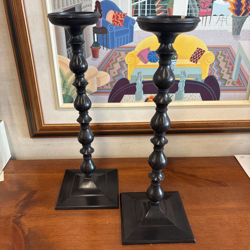 PAIR of Black Metal Spindle Candle Stick Holders