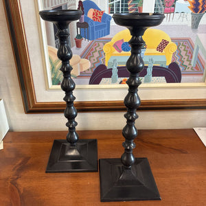 PAIR of Black Metal Spindle Candle Stick Holders