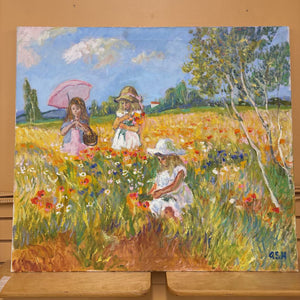 Girls in a Wildflower Meadow Signed Original Oil on Canvas