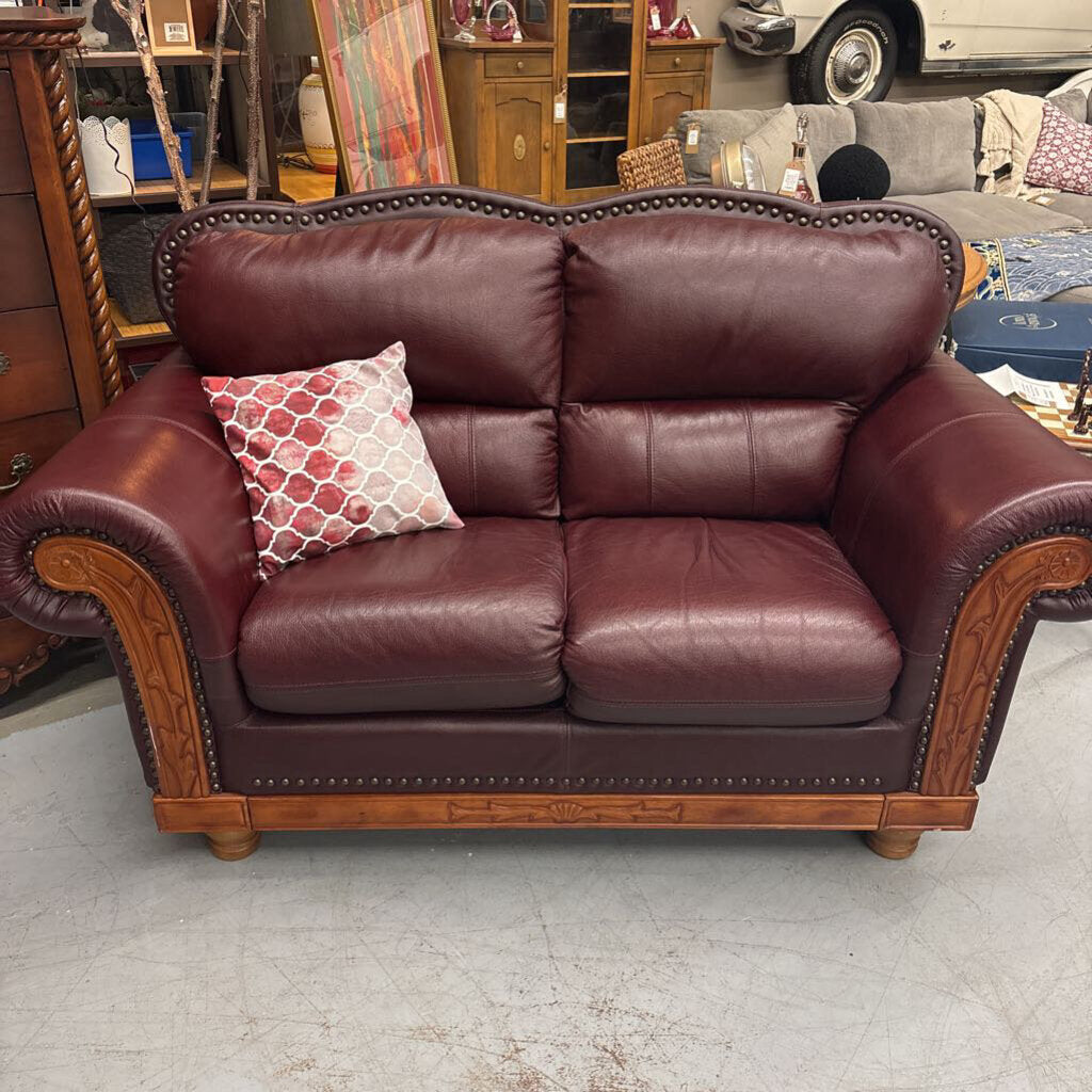 Oxblood Red Rolled Arm Leather Sofa w Brass Nail Trim & Carved Wood Detail