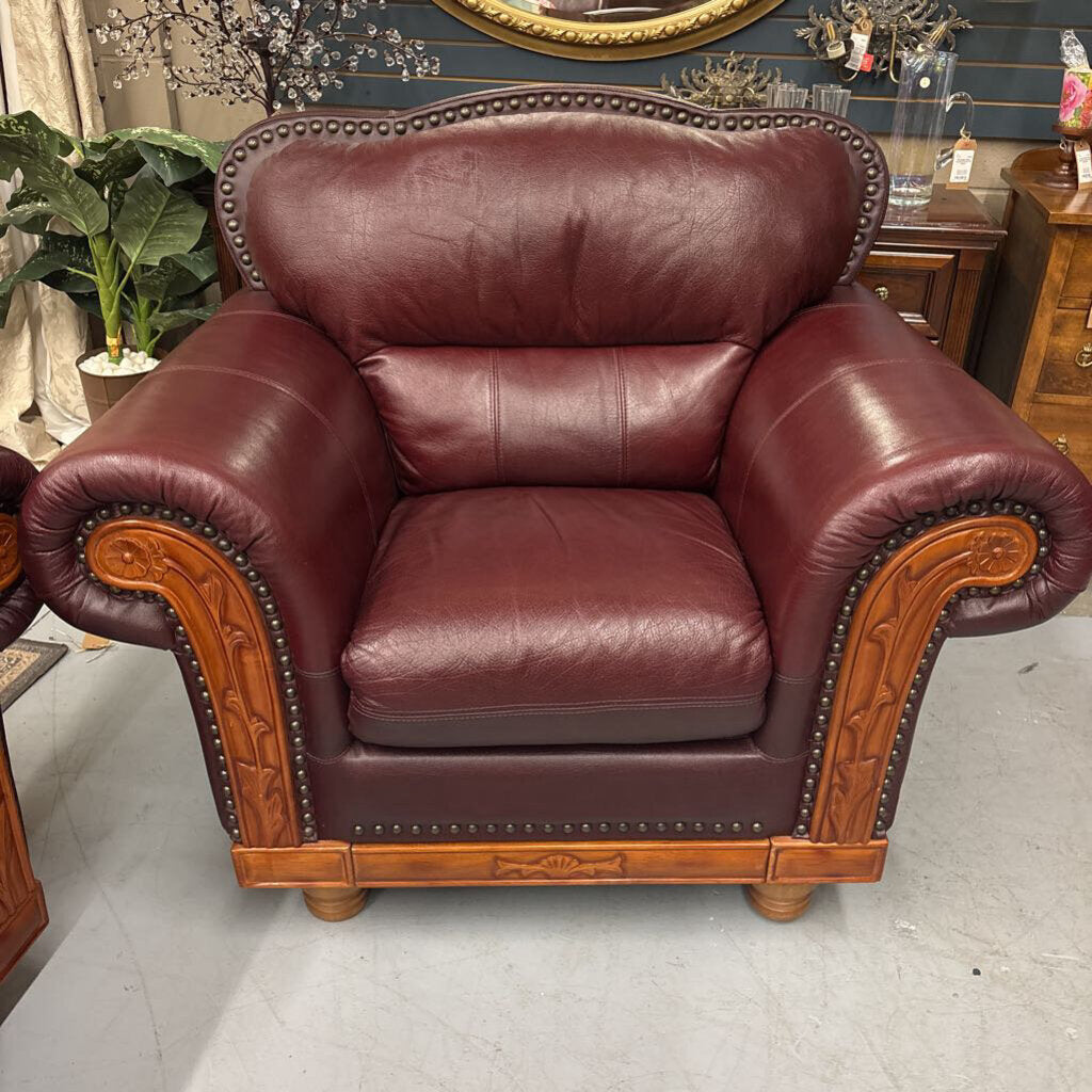 Oxblood Red Rolled Arm Leather Chair w Brass Nail Trim & Carved Wood Detail