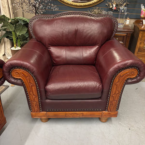 Oxblood Red Rolled Arm Leather Chair w Brass Nail Trim & Carved Wood Detail