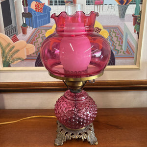 Vintage Ruffled Hobnail Cranberry Glass & Brass Detailed Lamp