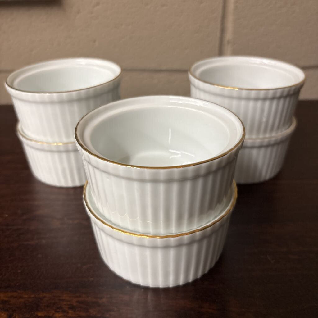 Set of 6 Gold Rimmed Ramekins Ribbed White China Dish