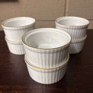 Set of 6 Gold Rimmed Ramekins Ribbed White China Dish