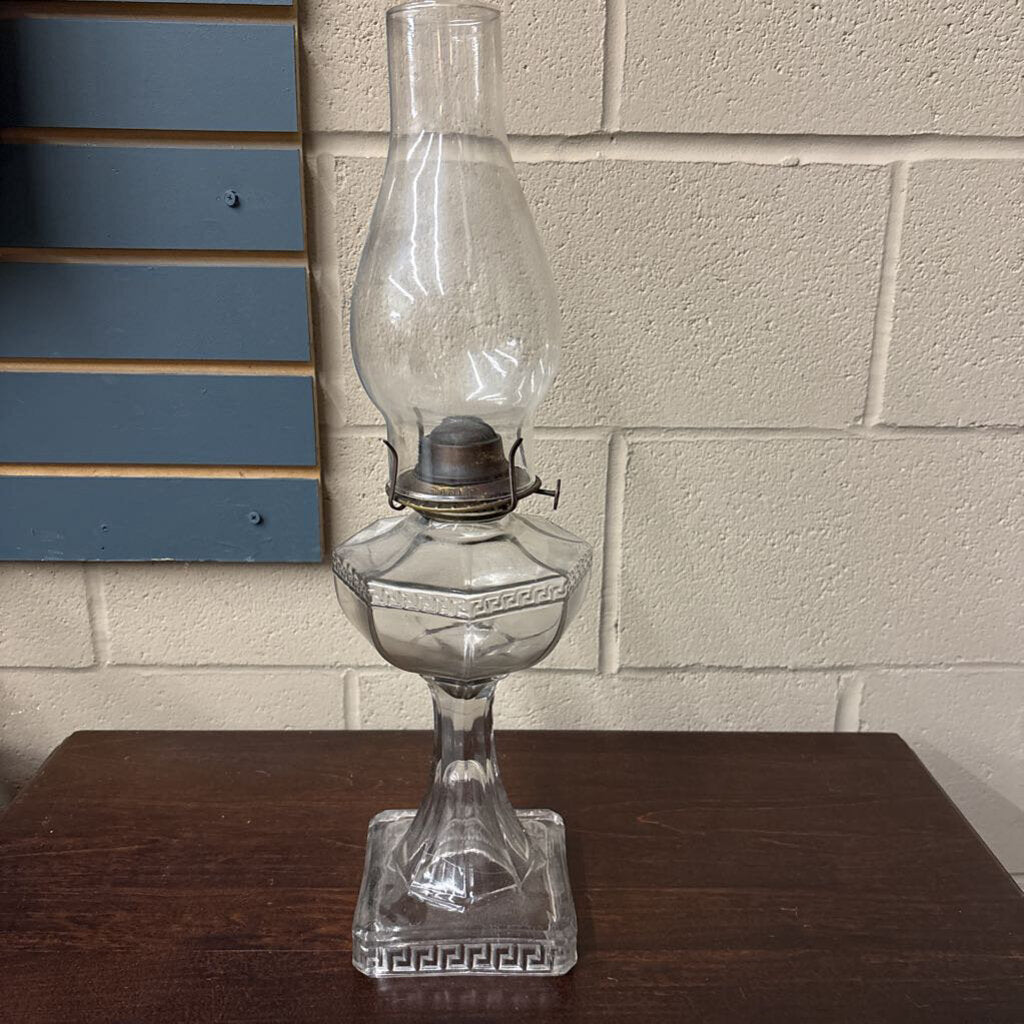 Glass Base Kerosene Oil Lamp w Greek Key Pattern