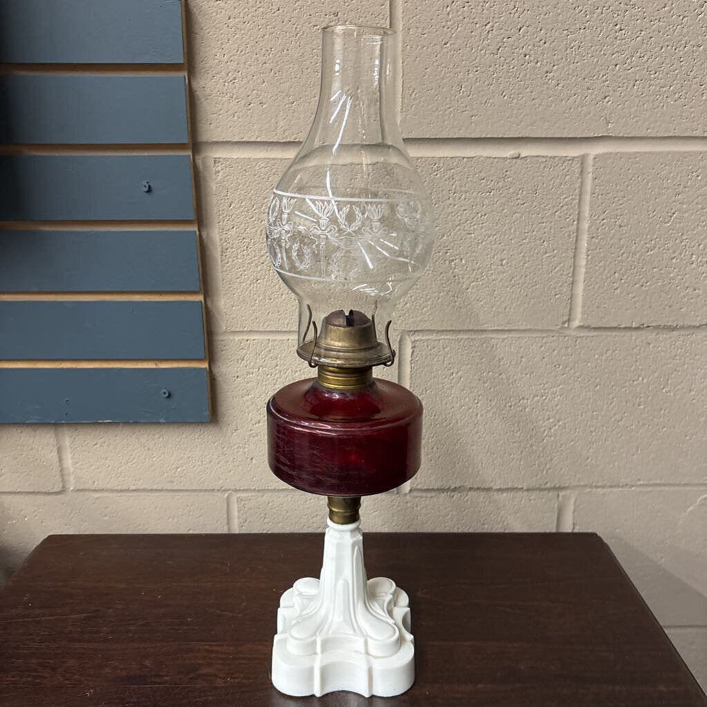 Red Glass Kerosene Lamp w Opaque White Base