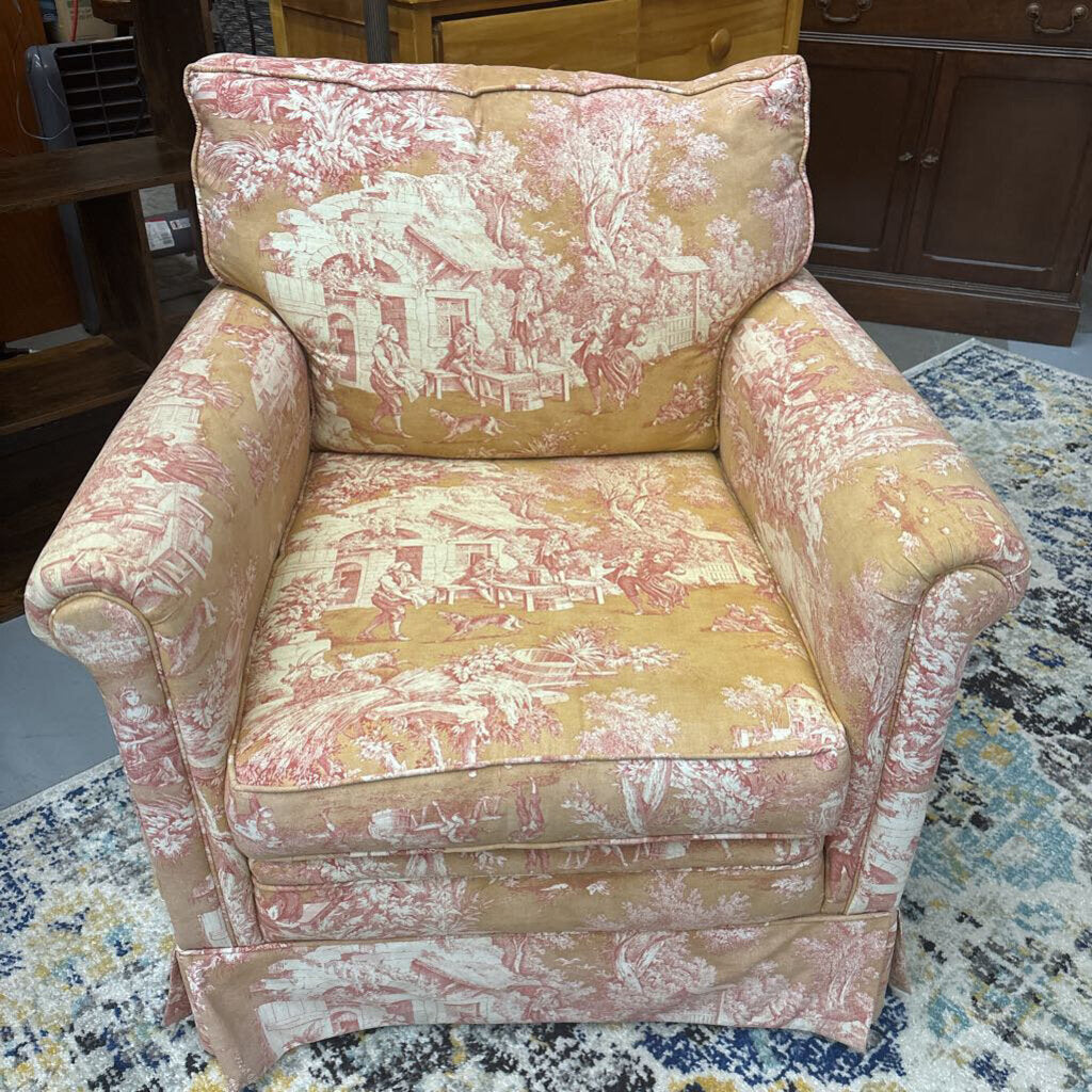 Yellow Toile de Jouy Fabric Arm Chair w Skirted Base & Down Cushions-Condition Noted