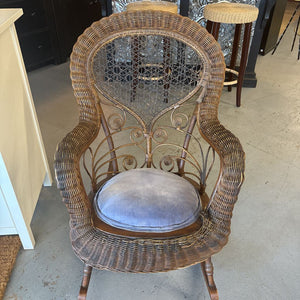 Antique Wicker Rocking Chair w Blue Seat Cushion