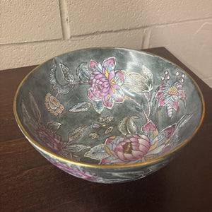 Oriental Antique-Style Pink & Grey Porcelain Bowl w Florals & Goldleaf
