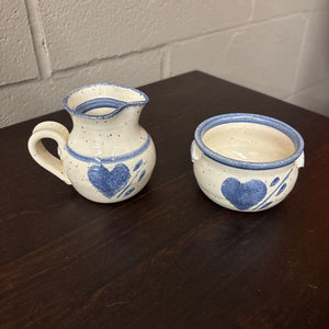 Blue & White Heart Pottery Creamer & Sugar Bowl