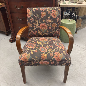 Grey & Floral Upholstered Fabric Arm Chair w Wood Accents-Condition Noted
