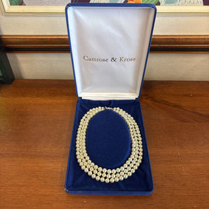 Vintage Camrose & Kross Triple Strand Faux Pearl Necklace from the Jackie Kennedy Collection
