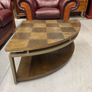 Corner Shaped Checkered Top Coffee Table w Shelf Castors