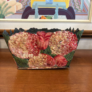 Antique Hand Painted Vibrant Pink Floral Toleware Metal Planter