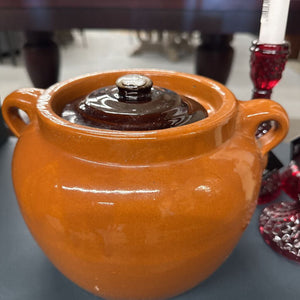 Vintage Ceramic Bean Pot w Handles, Caramel w Brown Lid
