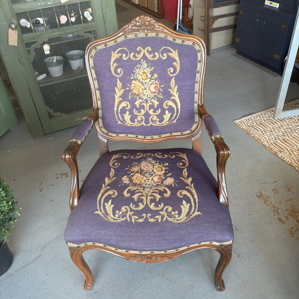 Antique Violet Needlepoint Floral Arm Chair