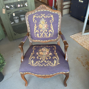 Antique Violet Needlepoint Floral Arm Chair